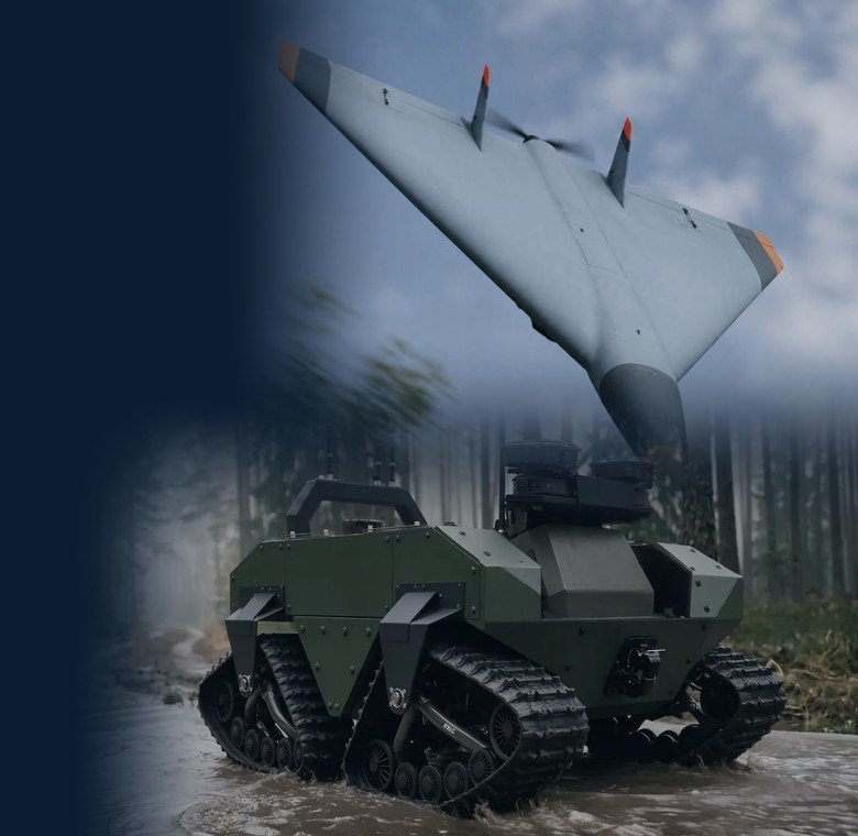 Teevr loitering munition in flight above a tracked unmanned ground vehicle