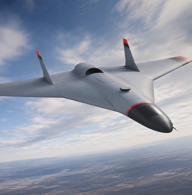 Jet-engine loitering munition in flight