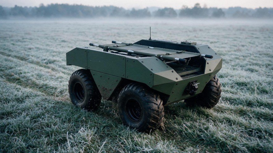 Wheeled UGV with stretcher kit in a frosted field