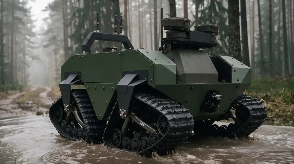 Tracked UGV fording water in a forest