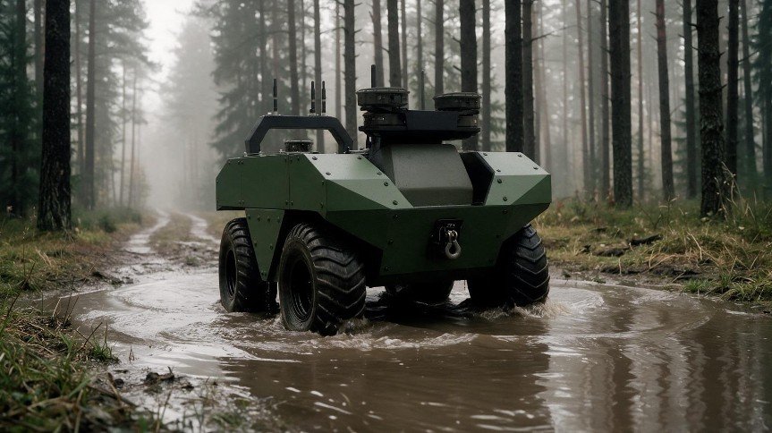 Wheeled UGV crossing a muddy forest track